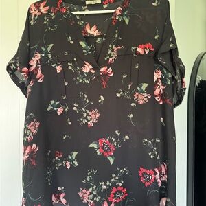 Maurices Black Floral Blouse with Cuffed Sleeves and Mandarin Collar